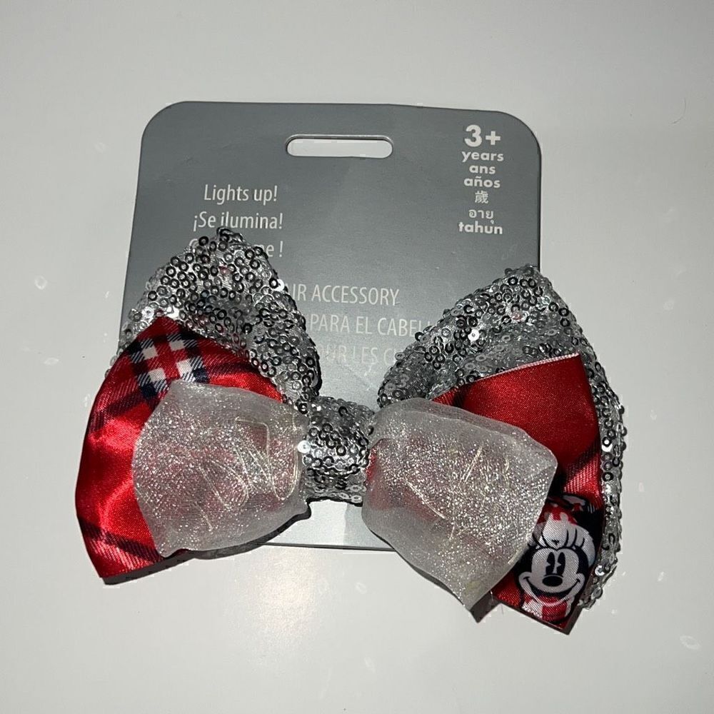 Disney Store Minnie Mouse Christmas Hairbow Sequins Holiday Plaid Party NEW